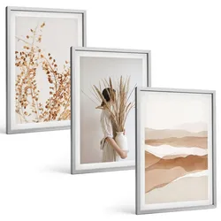 BILDER SET 3er Set - 40x60 cm Silberner Rahmen - Rustikale Boho-Blumenmotive