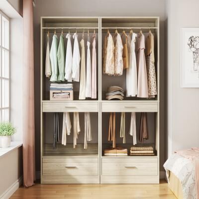 Rackcog Qvella 23.6'' W Closet System with Hanging Rods and Wooden Drawers, Modular Walk-In Closet Organizer with Pants Rack