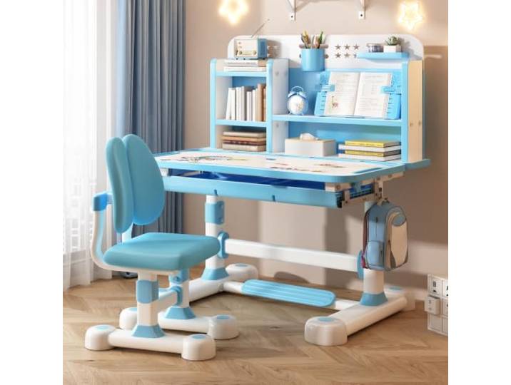 Autrfso Kinderschreibtisch Set mit Stuhl, höhenverstellbarer Schülerschreibtisch 80x50 cm, 0-50° neigbare abwischbare Tischplatte, Bücherständer, Schublade, Haken für Kinder 6-12 Blau