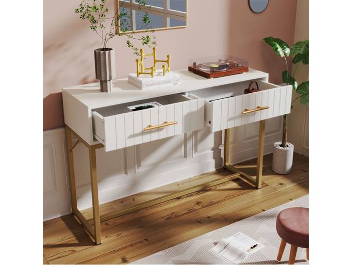 Coiffeuse - 2 tiroirs - piètement en métal - MDF - 100x45x75 cm - blanc