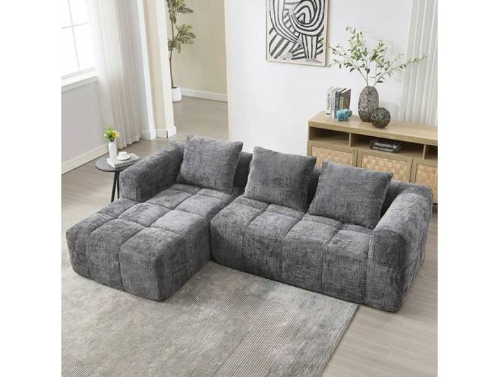 Norevia Canapé d'angle Gris 3 Places en L avec Méridienne Tissu Chenille Poche Latérale Sans Montage