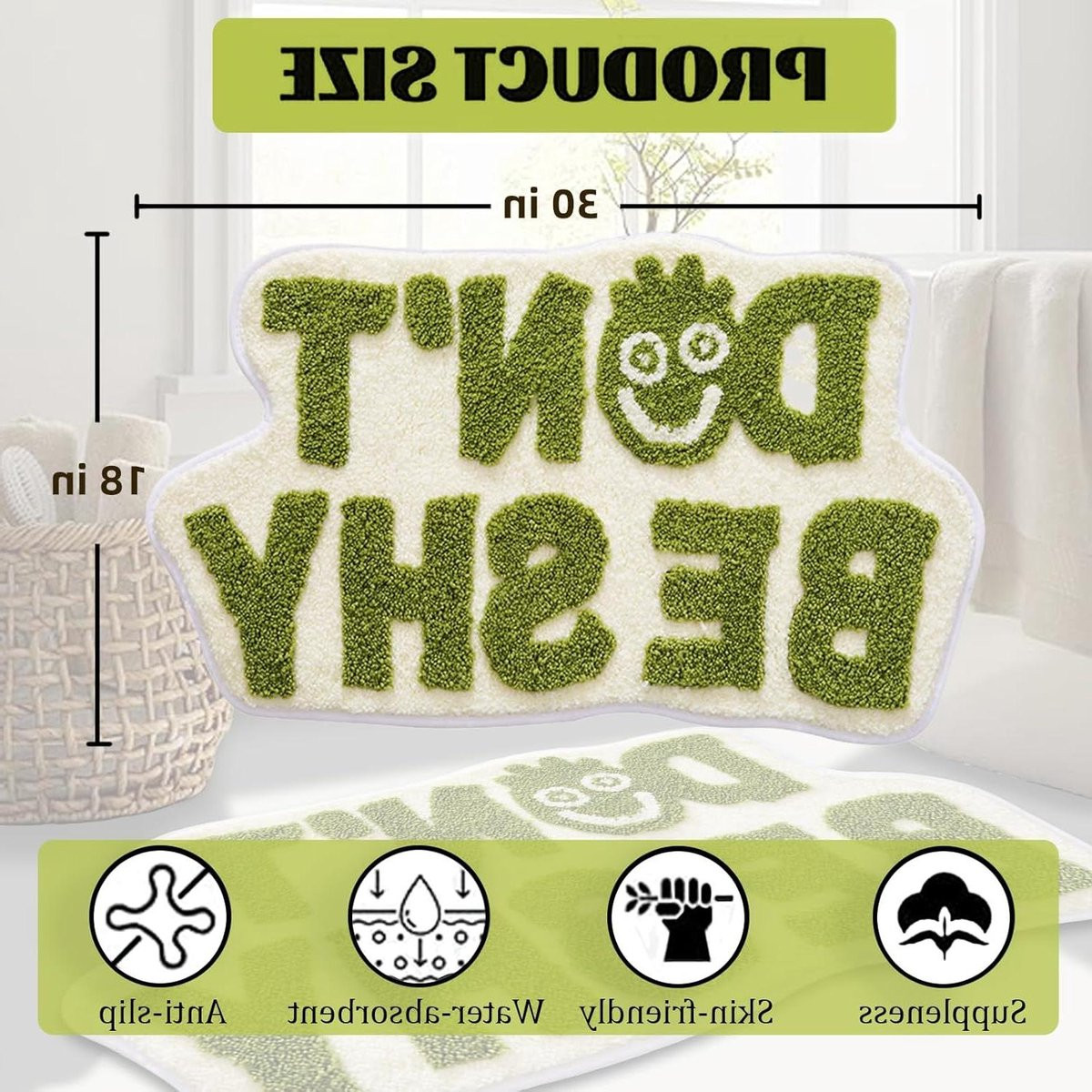Groene badmat met grappige tekst voor in de badkamer, 45 x 75 cm