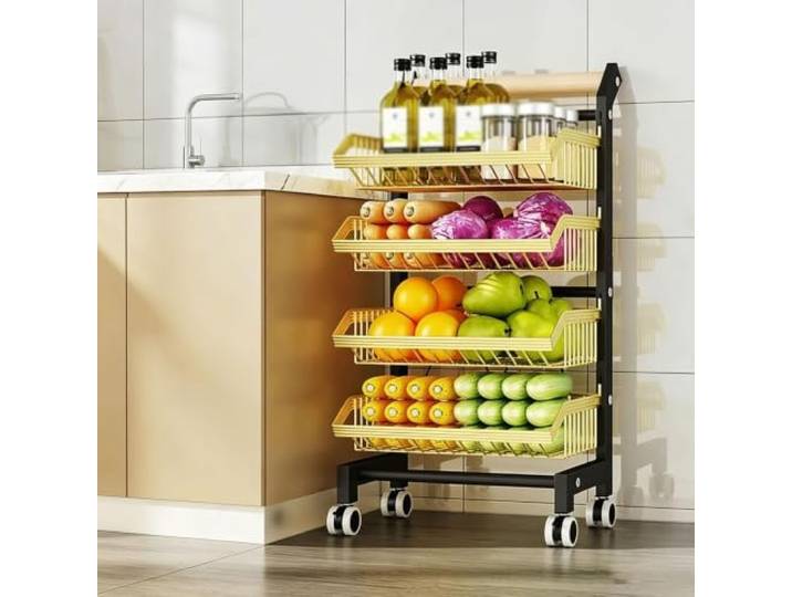 Dexinhdh Servierwagen, Gemüseregal mit Rollen Vorratskammer-Organizer für Lebensmittel, Snacks, Zwiebeln und Kartoffeln(Gold,4-Tier)