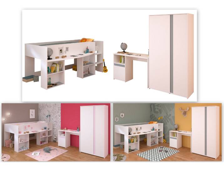 Jugendzimmer-Set PARISOT Pirouette , weiss (weiß), 3 teilig, bestehend aus Hochbett, Kleiderschrank und Schreibtisch, B/H: 90cm x 200cm, 3 teilig, bestehend aus Hochbett, Kleiderschrank und Schreibtisch, Holzwerkstoff, Schlafzimmermöbel-Sets, Jugendzimmer-Set, wahlweise mit Schreibtisch
