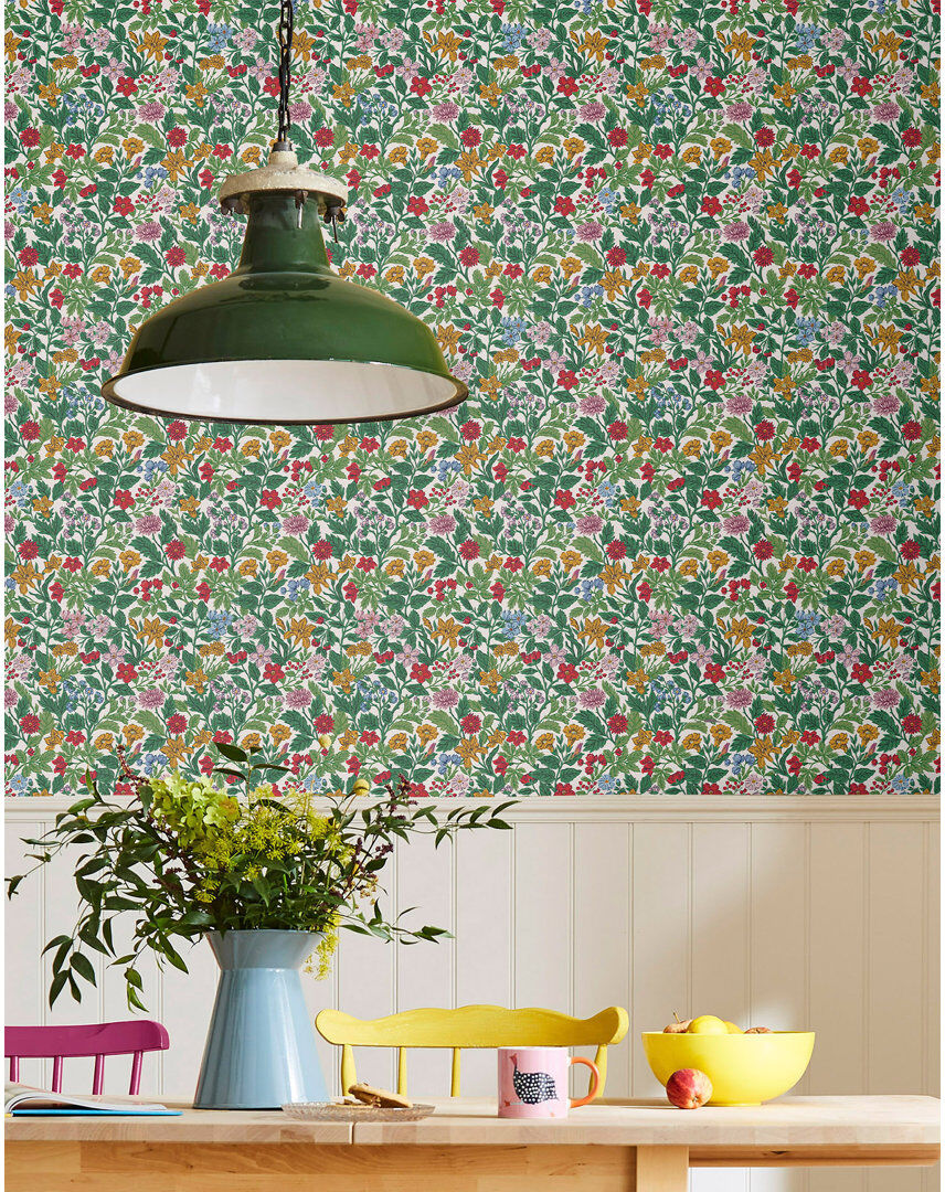 Joules Arts and Crafts Floral Rainbow Wallpaper Green 10cm L