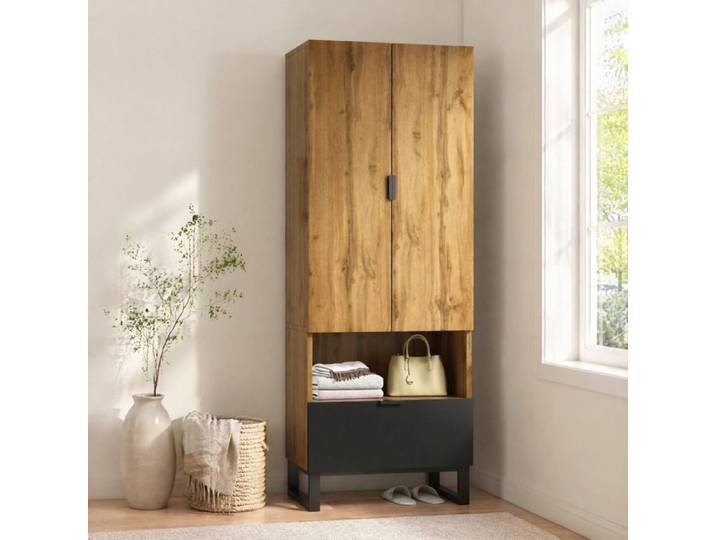 Vestiaire - ZEVKOR - WF190748749N - Bois naturel/noir - Penderie + 3 étagères (2 régl.) - 1 tiroir - 180x65x38 cm