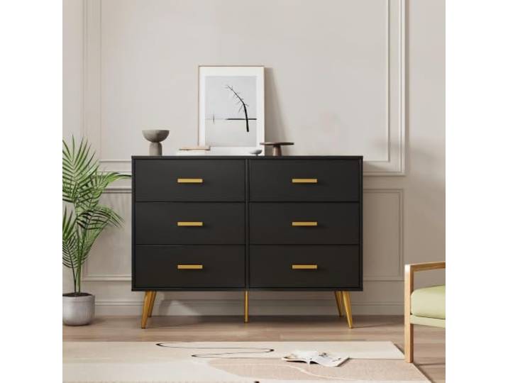 IDEALHOUSE Moderne Kommode Mit 6 Schubladen Holzkommode tiefe Schubladen, goldfarbene Metallgriffe, Metallbeine, Kippschutz, viel Stauraum für Schlafzimmer Wohnzimmer Flur