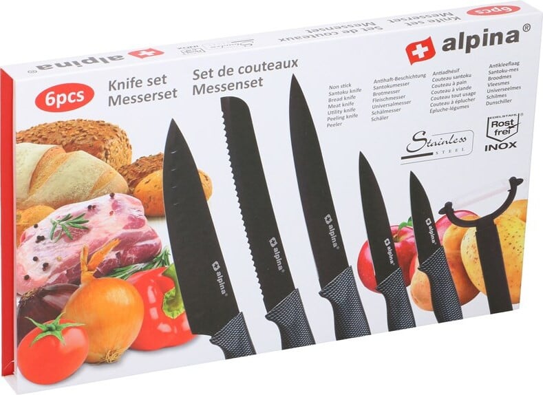 Alpina 6-delige messenset met schilmes en diverse messen met antiaanbaklaag en ergonomische handgrepen