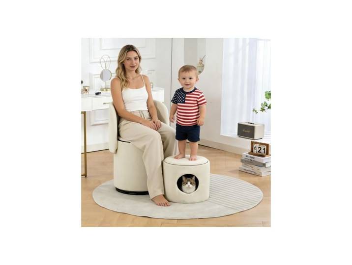 Fauteuil Barrel Pivotant 360° 48x52x75cm Velours Côtelé Beige Rangement Intégré Assise Rembourrée Chaise Maquillage
