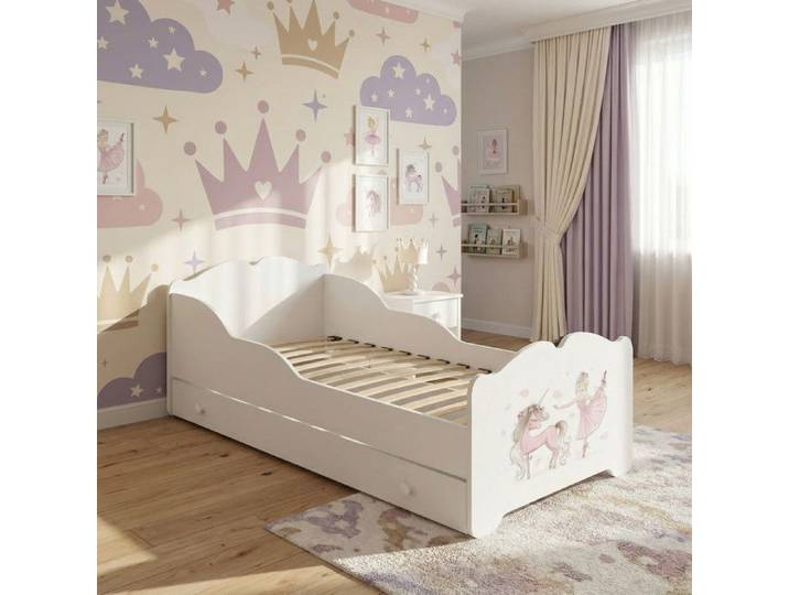 Lit enfant ANNA 140x70 avec tiroir motif fille avec licorne – blanc sans matelas