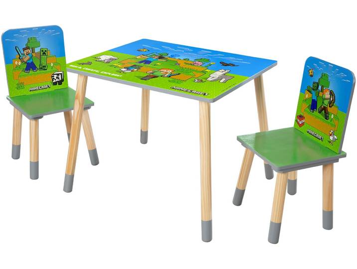Kindersitzgruppe PHOENIX Minecraft Sitzgruppe , minecraft, grün, natur, grau, B:60cm H:49cm T:50cm, MDF, Massivholz, Sitzmöbel-Sets, Kindersitzgruppe, Set Tisch mit 2 Stühlen