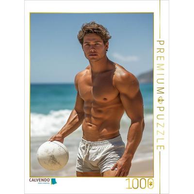CALVENDO Puzzle Attraktiver Mann mit Sixpack am Strand mit Volleyball in heißer Pose | 1000 Teile Lege-Größe 64x48cm Foto-Puzzle für glückliche