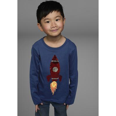 Langarmshirt KIDSWORLD "Rakete aus Wendepailletten", Jungen, Gr. 104/110, blau (marine), Single Jersey, Obermaterial: 100% Baumwolle, bedruckt, Basic, Rundhals, Shirts Langarmshirt, langärmelige, Basic-Passform, aus Jerseystoff, aus Baumwolle
