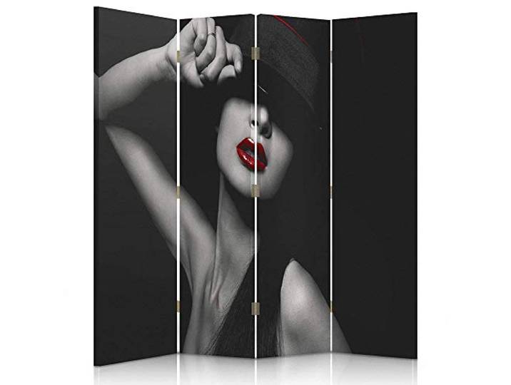 Feeby Frames. Raumteiler, Ggedruckten auf Canvas, Leinwand Wandschirme, dekorative Trennwand, Paravent beidseitig, 4 teilig (145x180 cm), Frau ROT Lippen SCHWARZ WEIß