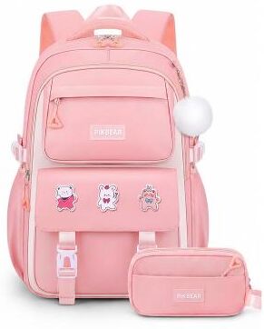 LightInthebox Girls Backpack Set 2PCS Water-Resistant School Backpack with Pencil Bag, Large Capacity Multi-Pocket Polyester Bookbag, Reflective Safety Strips, Pink Purple Off-White, Ideal for Elementary Middle Sch