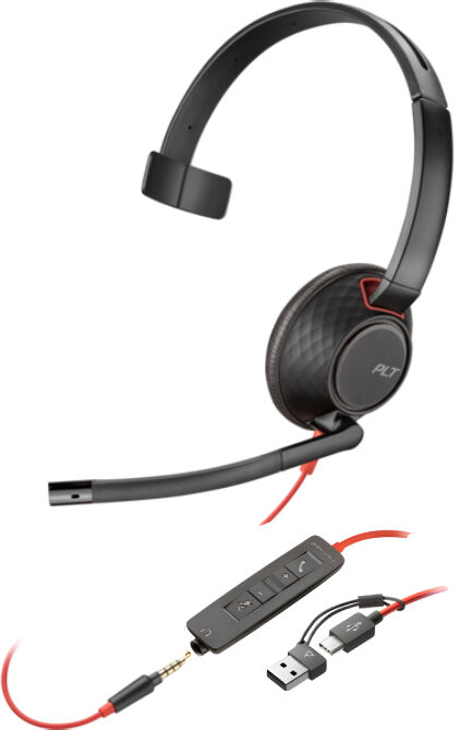 Poly Blackwire 5210 USB-C + dongle USB-C/A Casque mono professionnel pour PC/Mac et appareils mobiles avec triple connexion Jack, USB-A et USB-C.