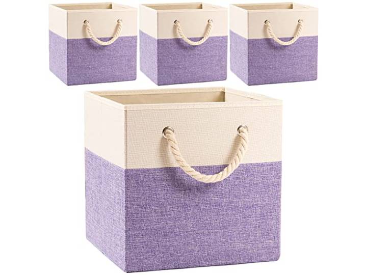 Prandom Kallax boîtes de rangement en lin-Lot de 4-Violet-33x33x33cm Pliable - Avec poignées en coton - Organiseur pour étagères - Photos\, stockage de cartes - Rangement des vêtements