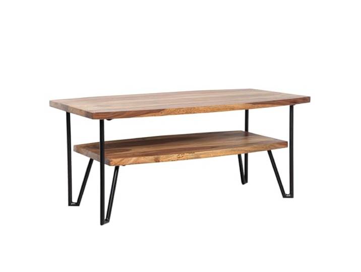 WOHNLING Couchtisch 90x50x40 cm Sheesham Massivholz Metall, Stauraum Wohnzimmertisch Industrial eindrucksvoll, Kaffeetisch massiv rechteckig, handgefertigtes Unikat, Sofatisch