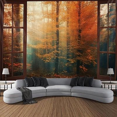 Herbst-Wandteppich zum Aufhängen, Herbst-Ahorn-Nebelwald, Fenster, Elch, Ahornblatt, natürliche Landschaft, Wohnzimmer, Schlafzimmer, Bauernhof, Urlaub, Party-Dekoration Wandtuch XXL Natur
