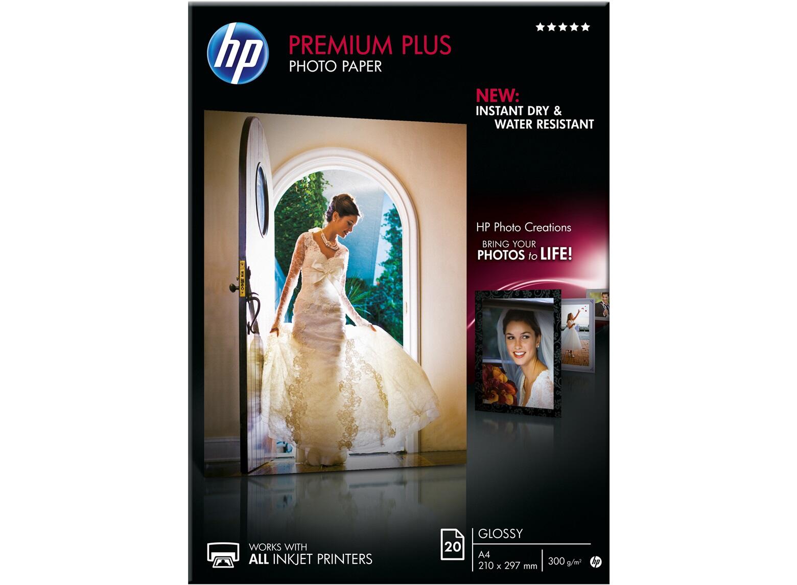 HP Inc. HP Premium Plus Fotopapier glänzend A4 (210 x 297 mm) 20 Blatt für Officejet Pro, Deskjet, ENVY (CR672A)
