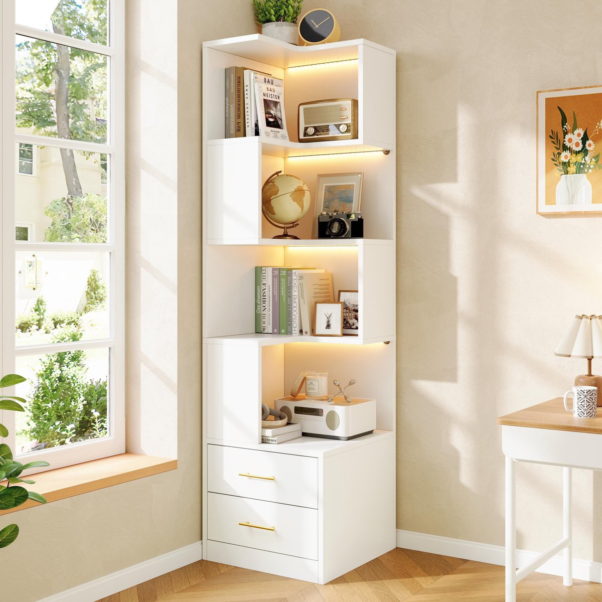 Sweiko Vitrinekast met LED-verlichting en 2 lades - Wit