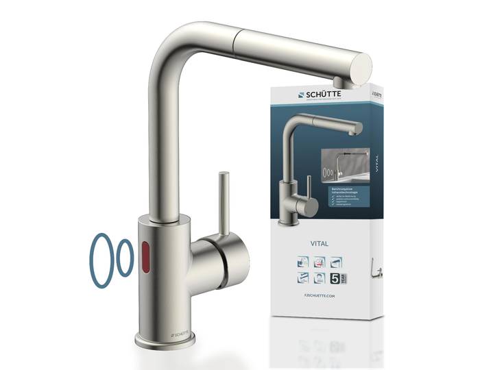 Spültischarmatur SCHÜTTE VITAL , silber (edelstahloptik), B:6cm H:31,5cm T:27,5cm, Zink, Armaturen, Spültischarmatur, Infrarottechnologie/Cold-Start-Fkt./360 schwenkbar /Eco-Click-Fkt.