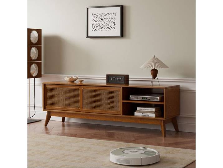 Meuble TV 59 pouces - Style mid century modern - Rotin - Noyer - Bois et MDF