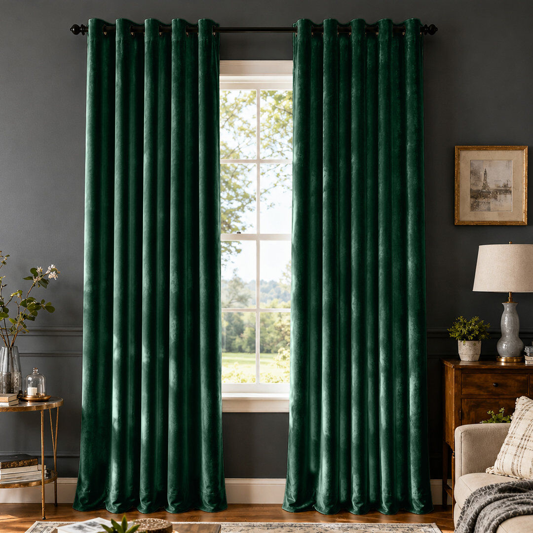 Canora Grey Crushed Velvet Eyelet Window Curtains Green 228cm Width x 168cm Drop
