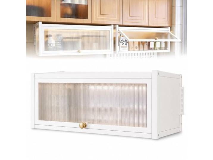 Küchen Gewürzregal und Wandschrank, Höhenverstellbarer Vorratsorganizer Kohlenstoffstahl Aufbewahrungsbox für Mieter mit Gasdruckfeder Hochklapptür, für Teller und Kaffee(White,33*14in/85*35cm)