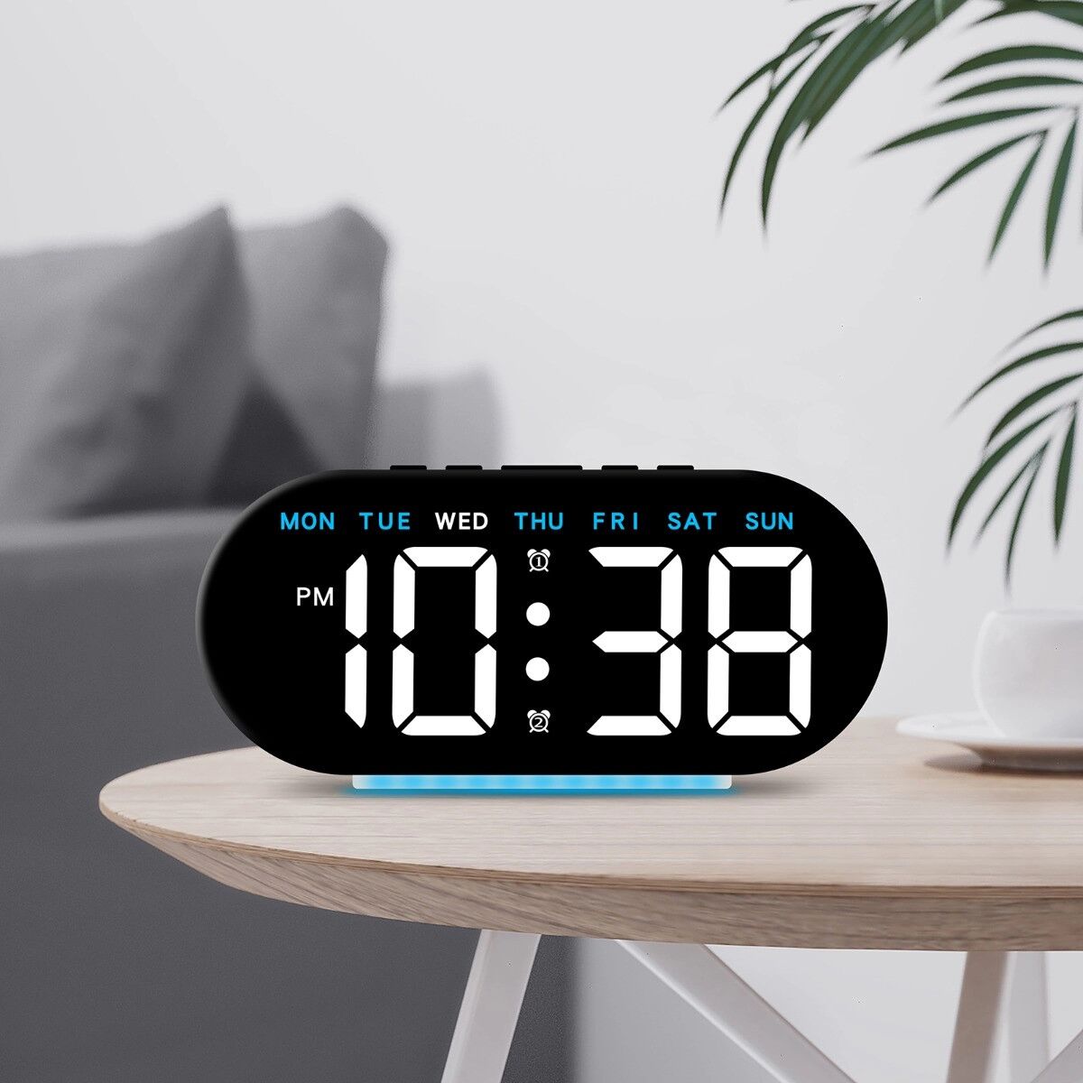INF Réveil LED numérique avec grands chiffres, affichage 24 h, calendrier perpétuel, alarme et veilleuse Noir + Bleu
