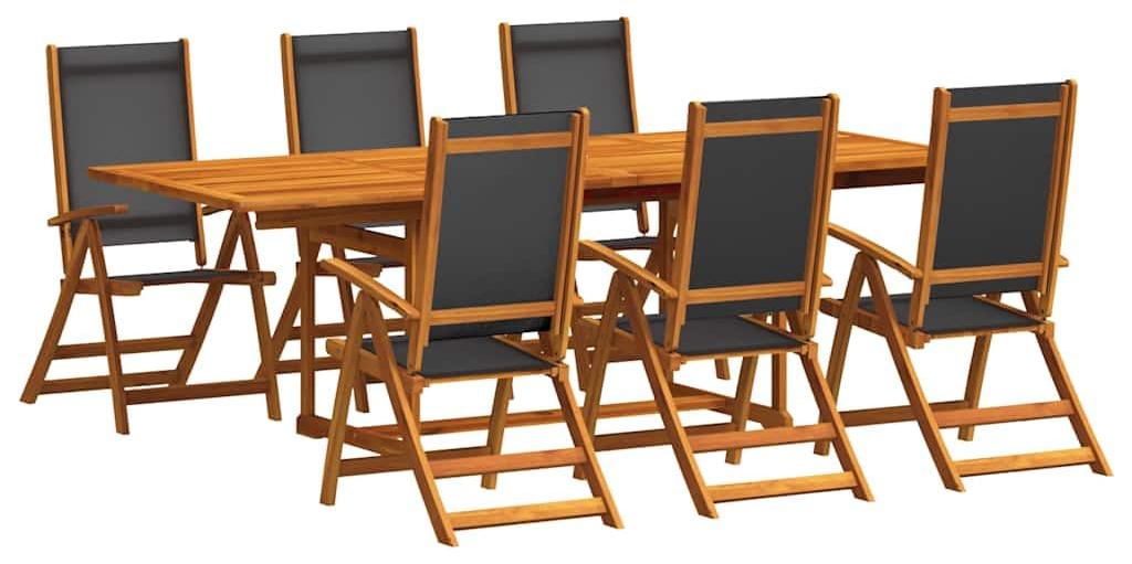 Gartenmöbel-Set, 7-teilig, aus massivem Akazienholz - Verstellbare, klappbare Lounge-Stühle - Schwarz - Mit Sonnenschirmhalterung