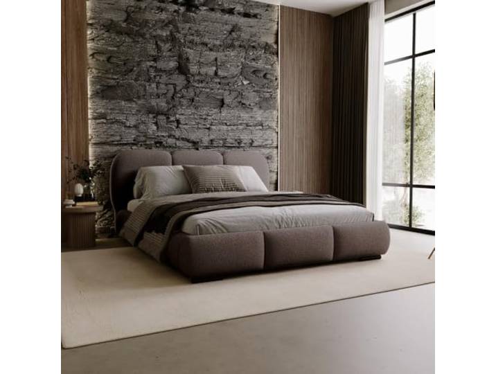 Chilly. Möbel Design Bett Savona - Polsterbett 140x200 mit Bettkasten, Lattenrost und Kopfteil – Eleganter Bouclé-Stoffbezug Braun
