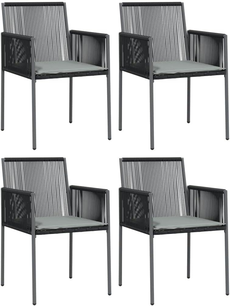 4 schwarze Gartenstühle aus PE-Rattan mit Kissen, 54x60,5x83,5 cm, Armlehnen und Stahlrahmen für die Terrasse