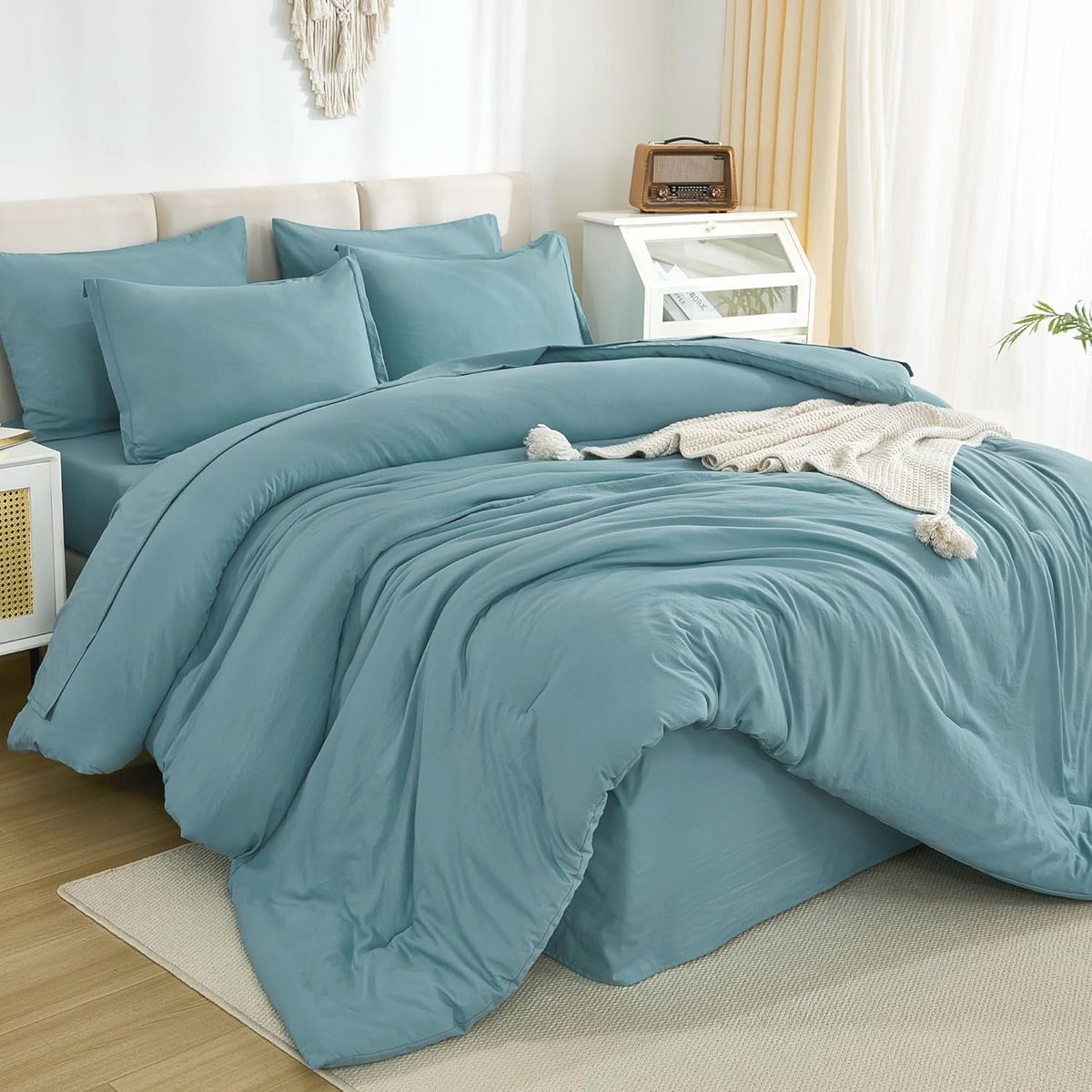 Lichtgewicht 7-delige dekbedset grijsachtig groenblauw - Complete beddengoedset