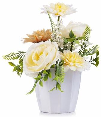 Enova Home Mixed Artificial Silk Peony and Dahlia Fake Flowers Arrangement in White Pot for Home Office Decoration