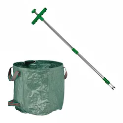 Relaxdays Unkrautstecher mit Gartenabfallsack, selbststehend, wasserdicht, Unkrautausstecher langer Stiel, 99 cm, grün