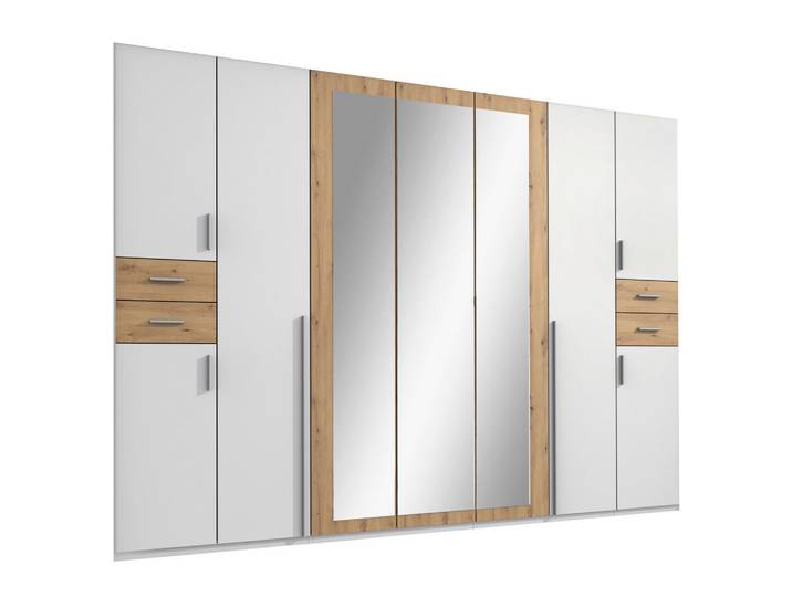 P & B Drehtürenschrank Wimex Vegas, Weiß, Eiche Artisan, 7 Fächer, 4 Schublade(n) Schubladen, 313x208x58 cm, BQ - Bündnis für Qualität, Made in Germany, DIN EN ISO 9001, in verschiedenen Größen erhältlich, Holzdekoren Schrankfront mit Spiegel, Schlafzimmer, Kleiderschränke, Drehtürenschränke