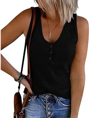 Lush Living Finds Color Ribbed Tank Top Women Sleeveless V Neck Casual Stretch Everyday Essentials black xl