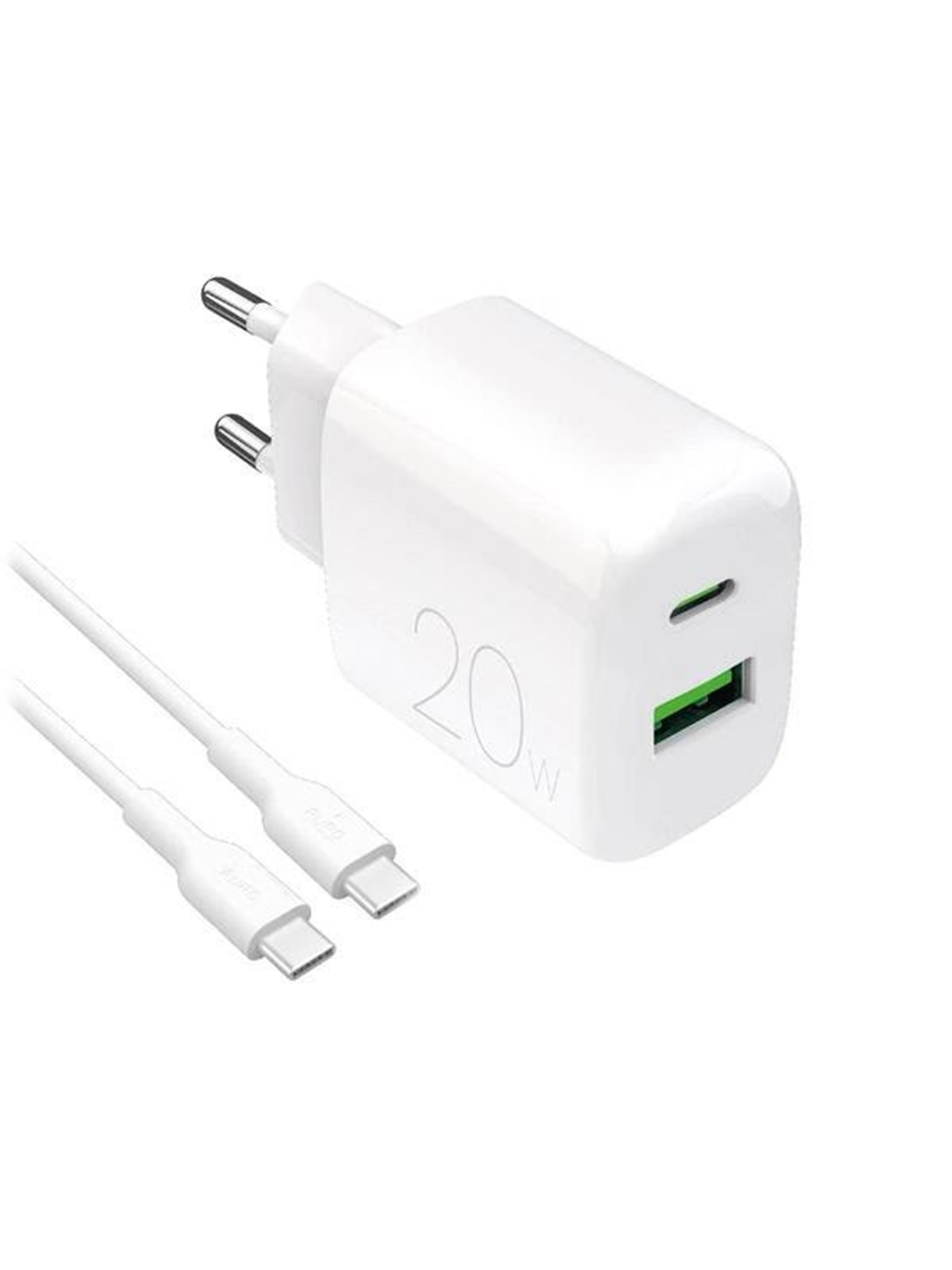 Puro PROLITE 20W USB-A / USB-C Wall Charger + USB-C - USB-C 1.2m Cable - White
