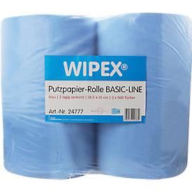 WIPEX Basic-Line Putzpapier, 2-lagig, perforiert, hohe Saugfähigkeit, 100 % Zellstoff, blau, 2 Rollen mit jeweils 500 Tüchern
