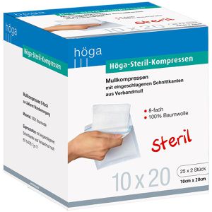 Höga Mullkompressen 04401925, aus Baumwolle, steril, 8-lagig, mit Falzkanten, 10 x 20 cm, 50 Stück