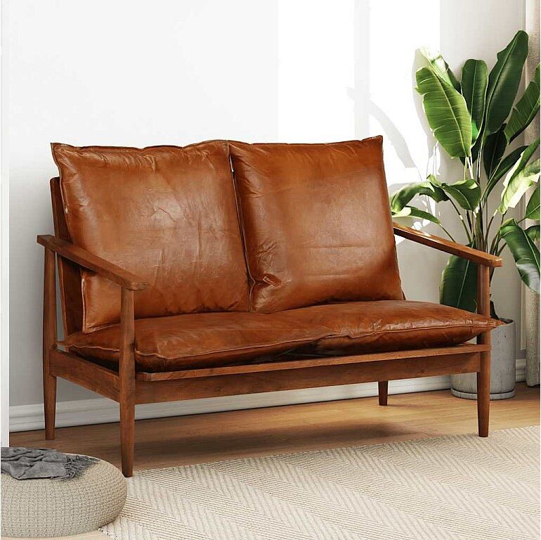 vidaxl Sofá de 2 plazas cuero auténtico con madera de acacia marrón