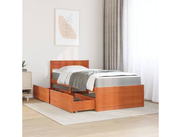 KTHLBRH Bett mit Schubladen und Matratze, 90 x 190 cm, braun, gewachst Taschenfederkernmatratze, atmungsaktives Gewebe, inklusive Lattenrost, 2 Schubladen