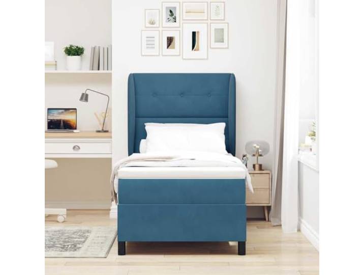 KTHLBRH Boxspringbett dunkelblau 200 x 80 cm mit Kopfteil Gestell aus Massivholz, mittlere Matratze, verstellbares Kopfteil in 2 Höhen, einfache Montage