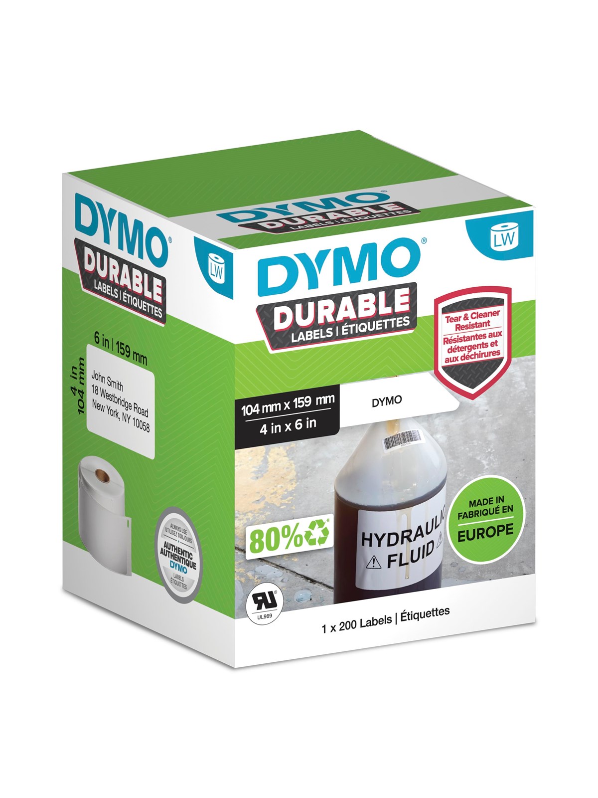 DYMO LabelWriter Hochleistungs-Etiketten | 104 mm x 159 mm | weißes Kunststoff-Etikett | Rolle mit 200 Etiketten