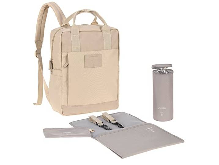 LÄSSIG Baby Wickelrucksack Wickeltasche Rucksack mit Wickelunterlage, Kinderwagenbefestigung, Flaschenhalter produziertGRE Vividal Backpack humus