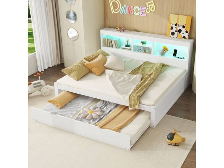 Lit Gigogne 140×200cm - Lit enfant - Éclairage - Prise USB - Rangement - Sommier Inclus - Bois - Blanc