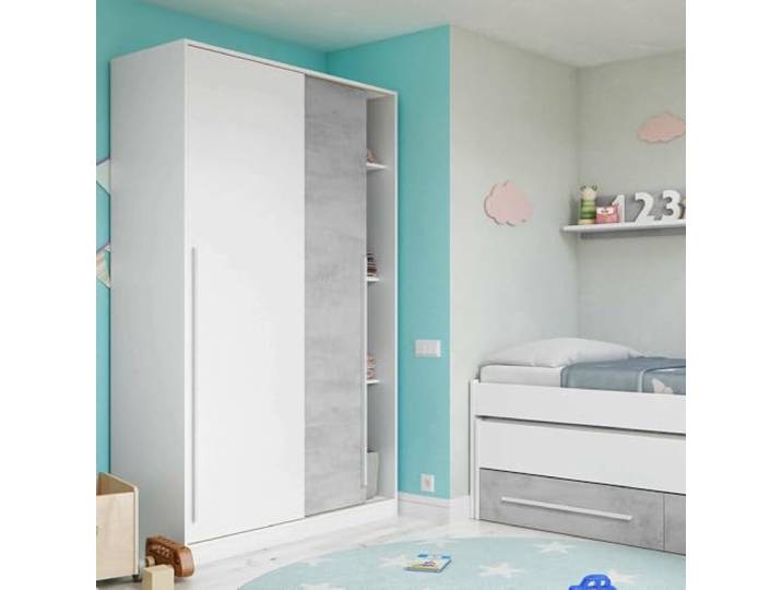 Dmora - Garderobe Downey, Schlafzimmer Kleiderschrank mit 2 Schiebetüren, Schrank mit Kleiderstange und 3 Einlegeböden, cm 120x50h200, Zement und Weiß