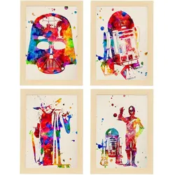 POSTER Set mit 4 Star Wars Film Darth Vader, Yoda, R2D2 und C3PO A3 Rahmen aus hellem Holz