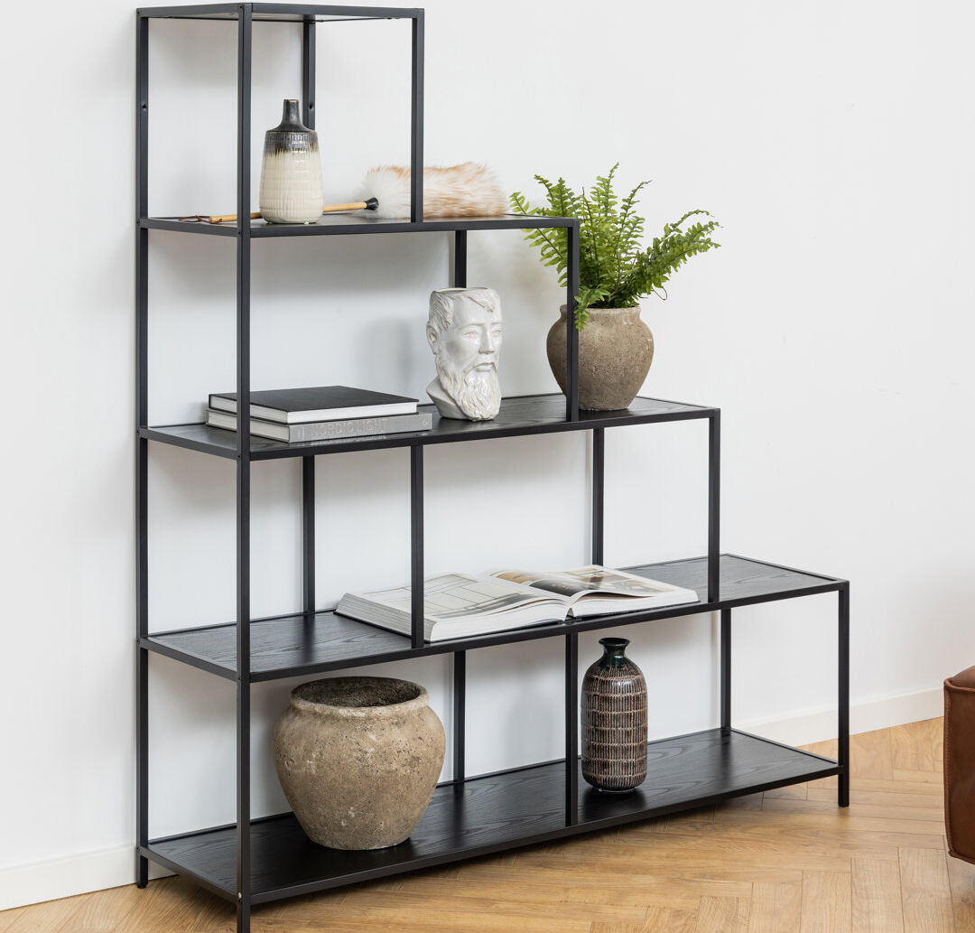 Rio Amirea 150 cm H x 135 cm W Step Bookcase Black 150cm H X 135cm W X 35cm D